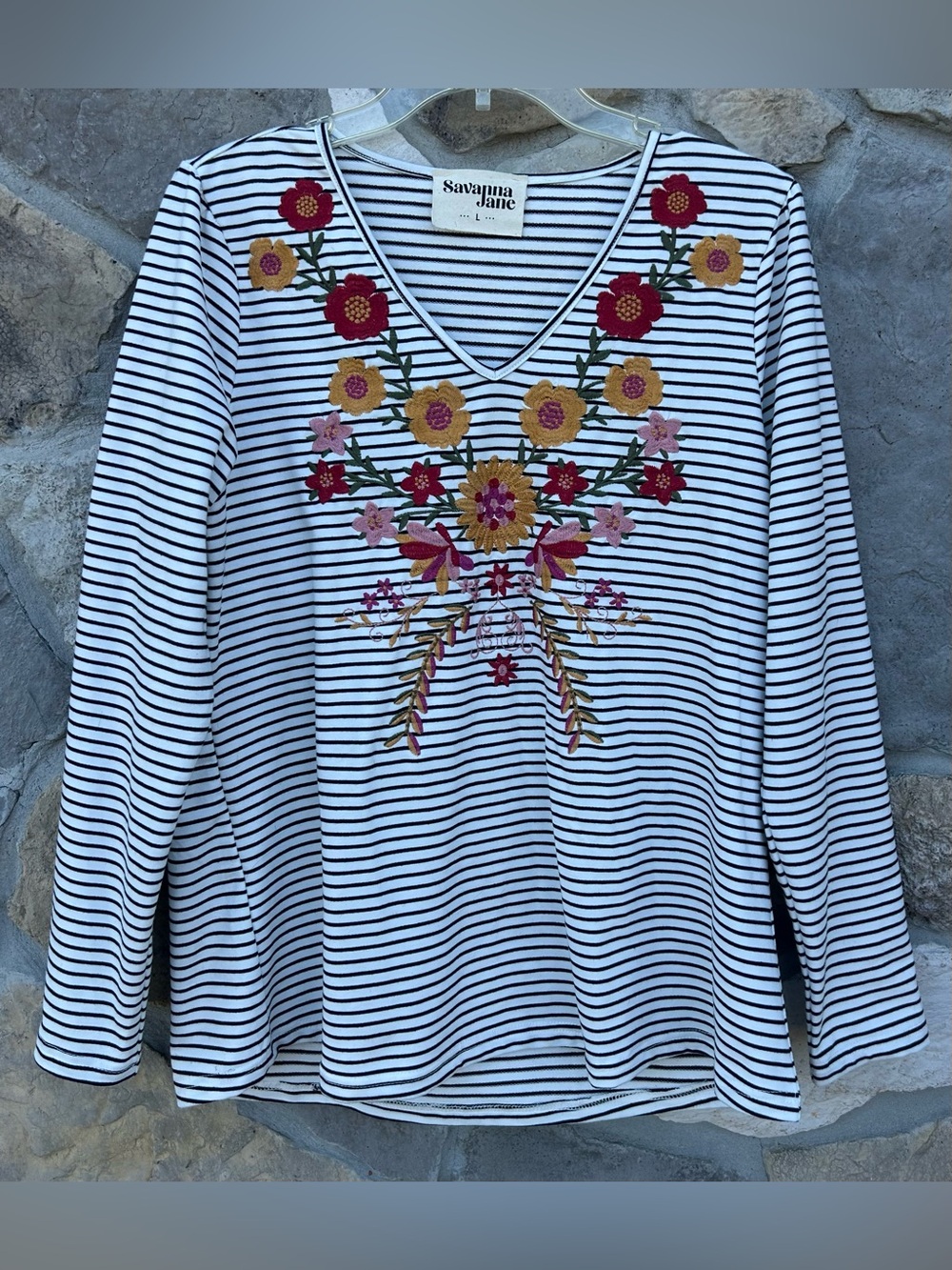 Savanna Jane Boho Embroidered Tshirt Size L Longe Sleeve Western Shabby Chic